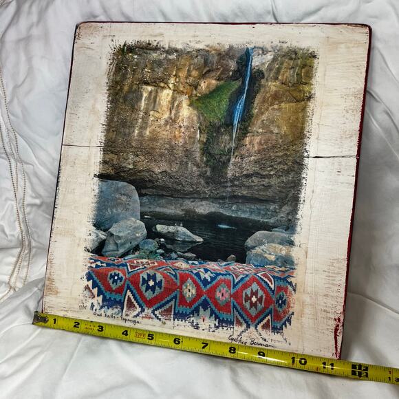 Decoupage Wall Art Landscape Waterfall Afghan Tribal Artist Signed Minimalistic - Picture 6 of 7
